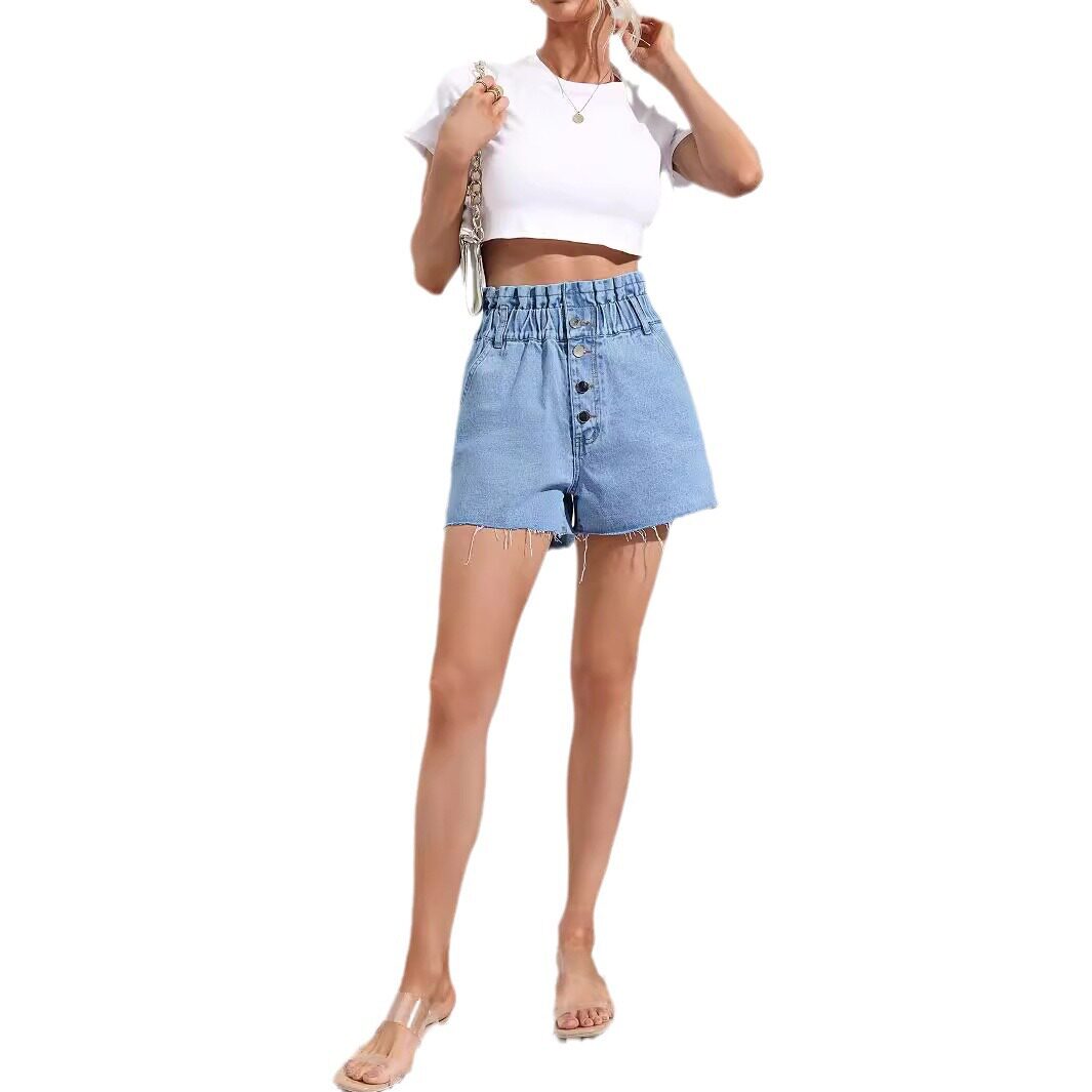 High Waisted Loose Fit Denim Shorts Frayed Hem Fashionable Style Womens Casual Wear Ready to Ship