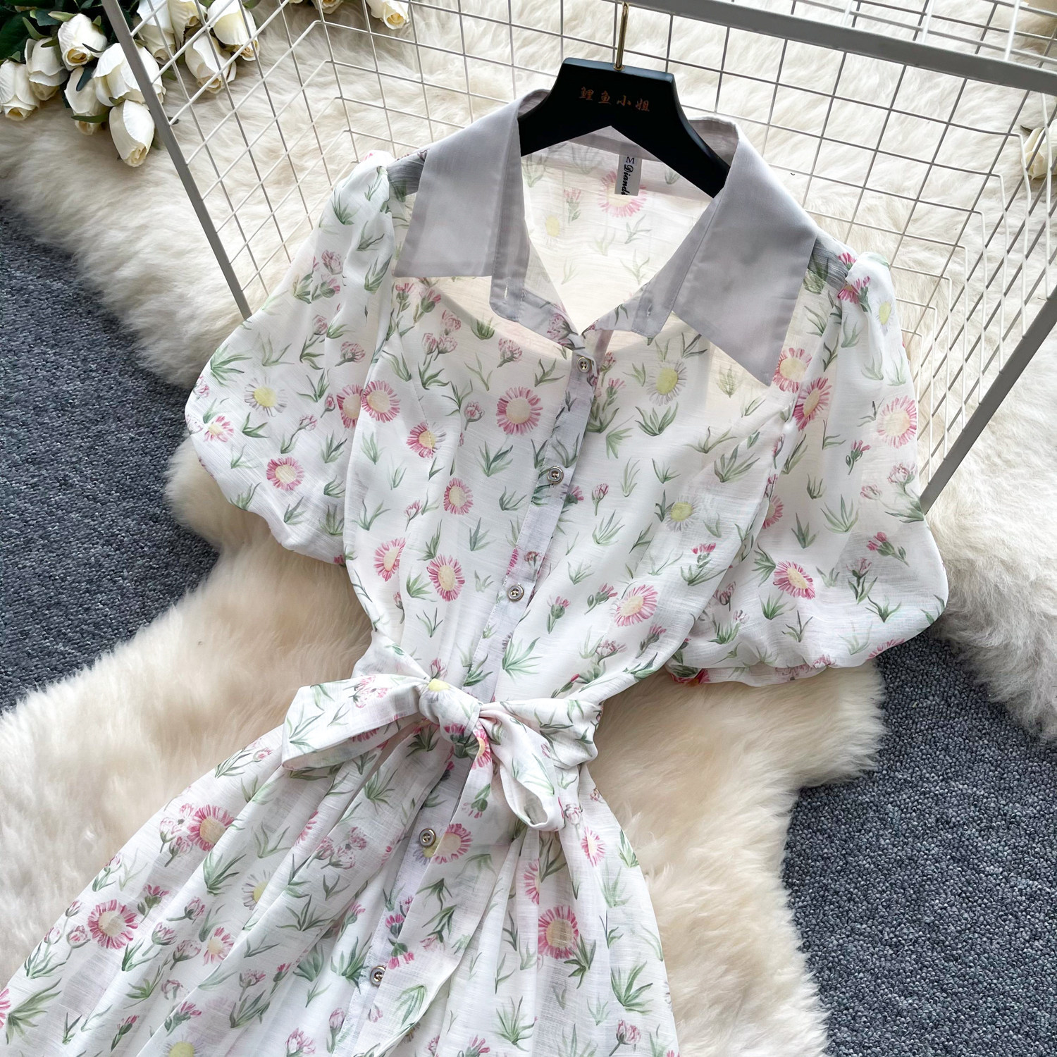 French Style Floral Print Dress for Women Short Sleeve Tie Waist A Line Silhouette Elegant Summer Occasion