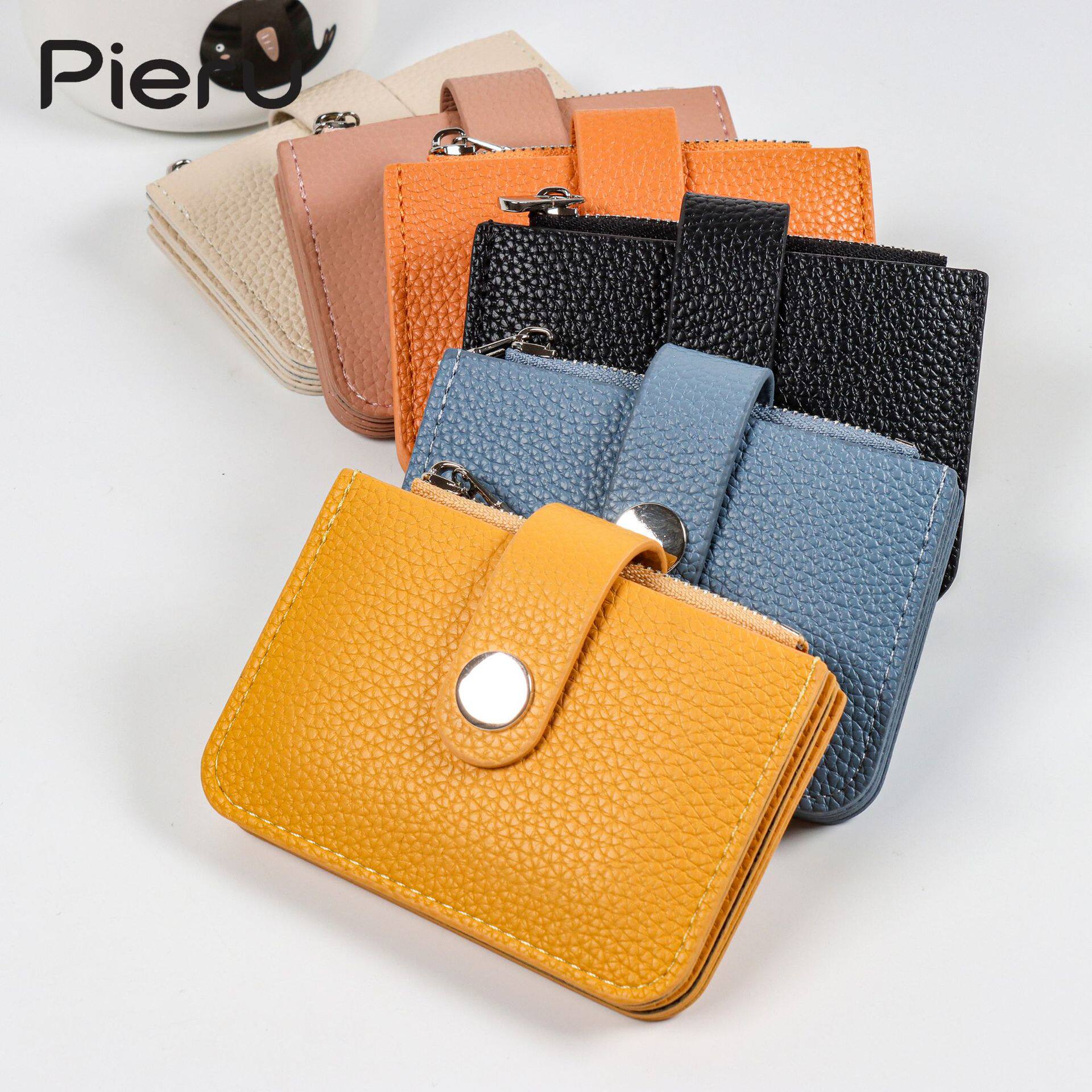 PIERU new cross-border simple buckle card holder skin-friendly litchi pattern small fresh zipper change coin card holder