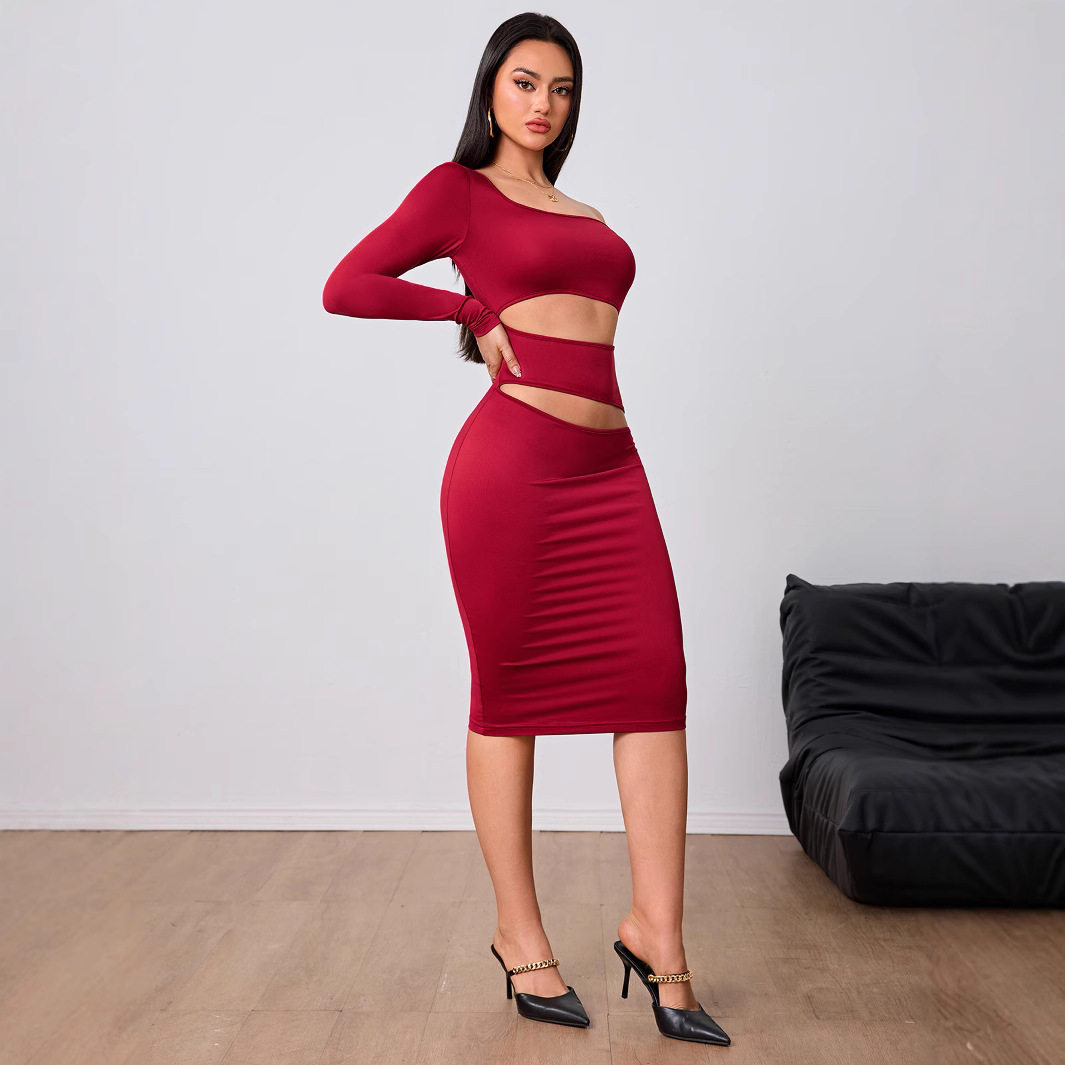 Wine Red One Shoulder Midi Dress Elegant Design Spring Summer Collection Perfect for Parties Wholesale Available