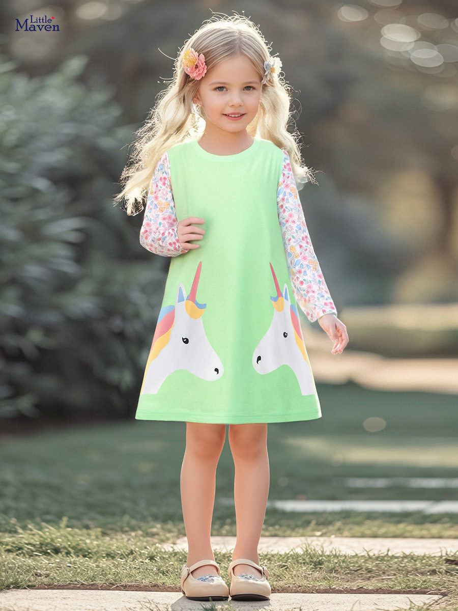 Gaun anak perempuan gaya musim gugur lengan panjang kartun, gaun anak