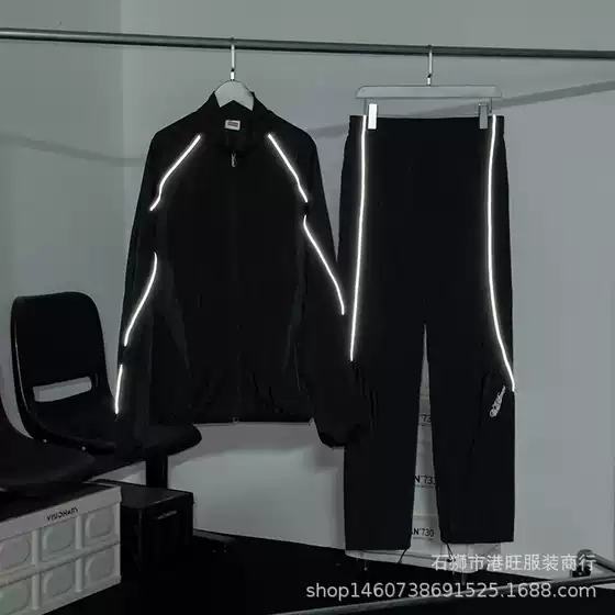 Cross-Border Autumn Men's Sports Suit Casual Stand-Collar Zip-Up Jacket American Retro 3m Reflective Stripe Coat