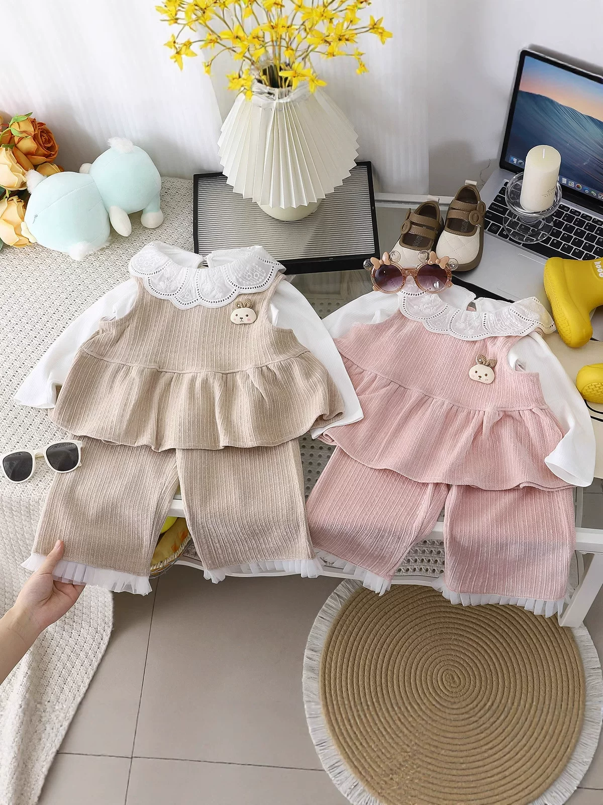 Baby Chenille Vest Three-Piece Set, New Spring & Autumn Lace Trim Base Layer & Wide-Leg Pants Outfit