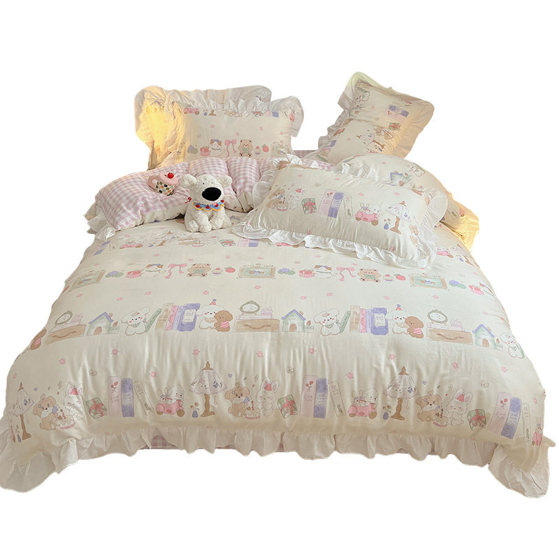 Cream Style Cotton Bed Four-piece Set Cotton Bedding Girl's Lace Quilt Cover Bed Sheet Person Student Dormitory Three-piece Set