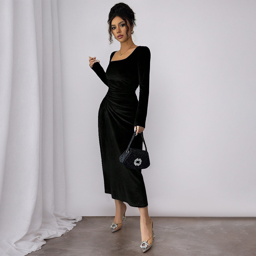 Black Velvet Long Dress Square Neck Side Waist Pleats Slim Fit Spring Summer Elegant for Dates and Vacations
