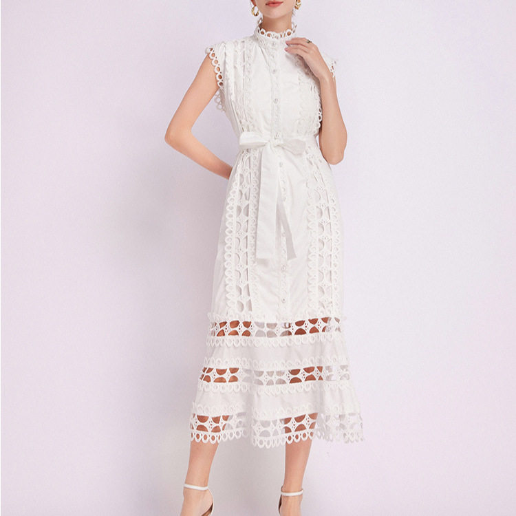 French Lace A Line Dress Hollow Out Ruffled Hem Waist Tie Elegant Style Summer Occasion Wholesale Available