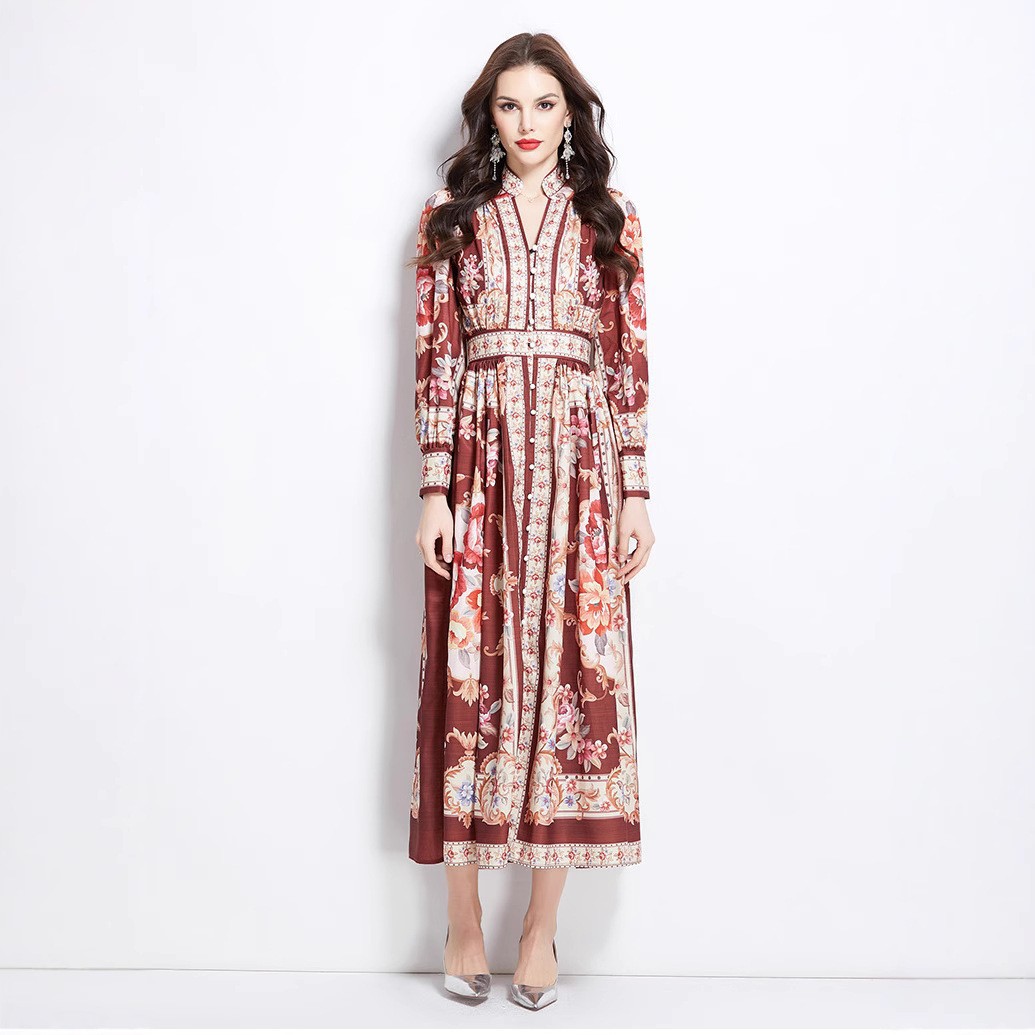 Elegant Vintage V Neck Long Sleeve Button Up Dress Waist Defining Floral Print Pleated Design Perfect for Parties and