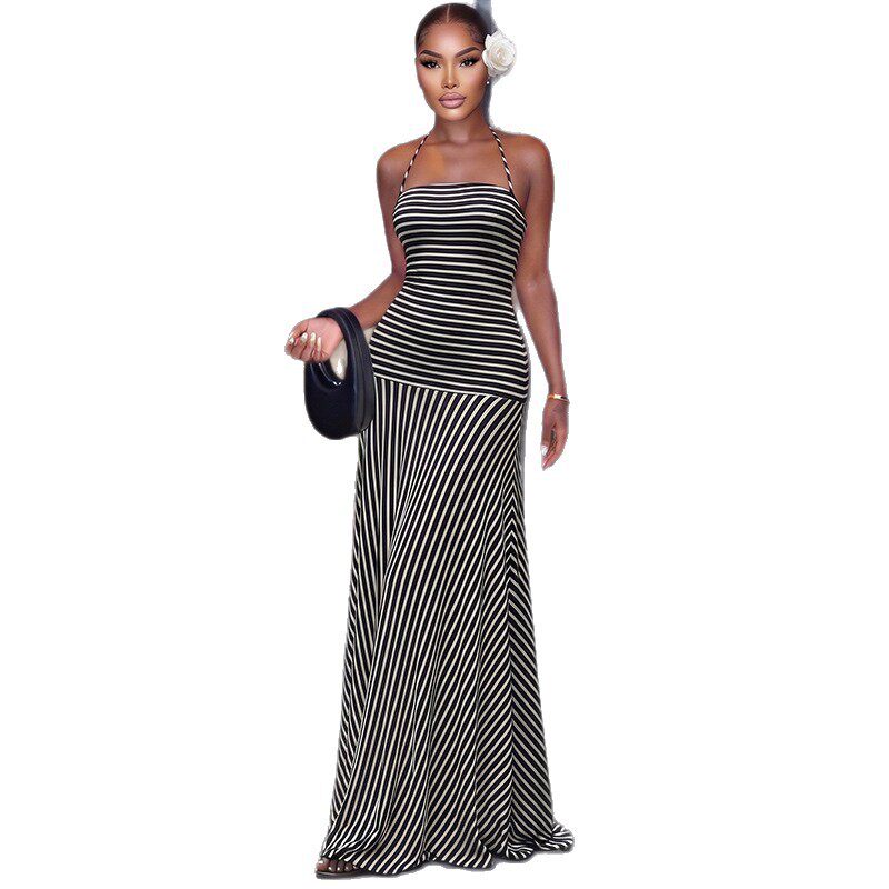 French Style Striped Maxi Dress Summer Collection Halter Neck Backless Elegant Design Wholesale Available