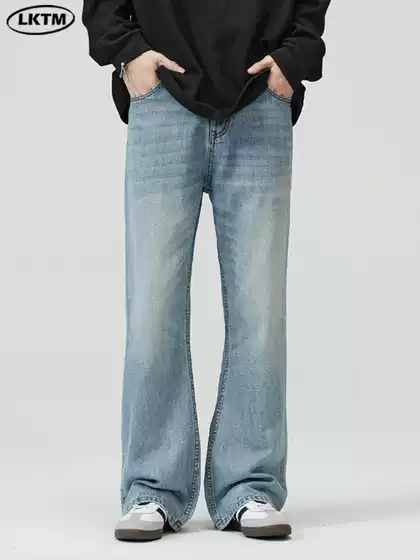 LKTM Men's Wear# American High Street Washed light blue Slimmer Jeans Men's Fashion Brand Advanced Sense Slimming Pants
