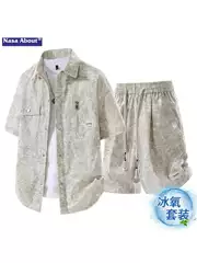 NASA Cuban Collar Short Sleeve Shirt Casual Set for Men Summer 2026 New Thin American Streetwear Shorts Two-Piece Set