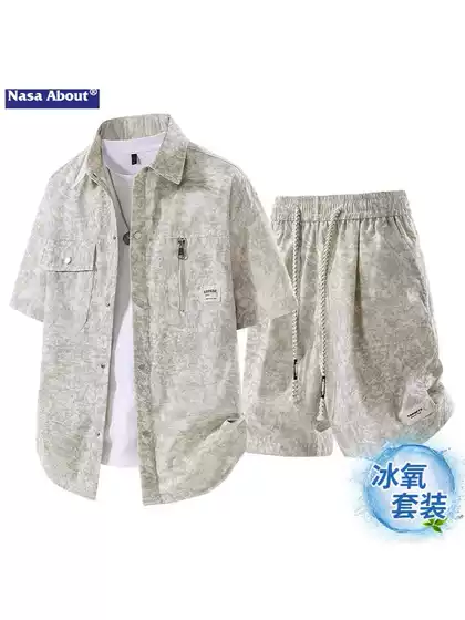 NASA Cuban Collar Short Sleeve Shirt Casual Set for Men Summer 2026 New Thin American Streetwear Shorts Two-Piece Set
