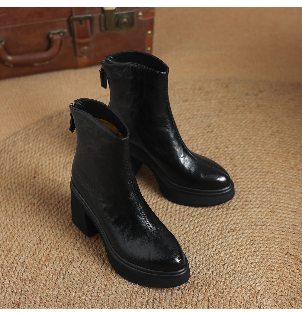 Boot nữ da bò gót thô 9,5cm cổ ngắn khóa kéo sau — Lớp lót đơn màu đen, Lớp lót đơn màu nâu đậm, Lót nhung đen, Lót nhung màu nâu đậm