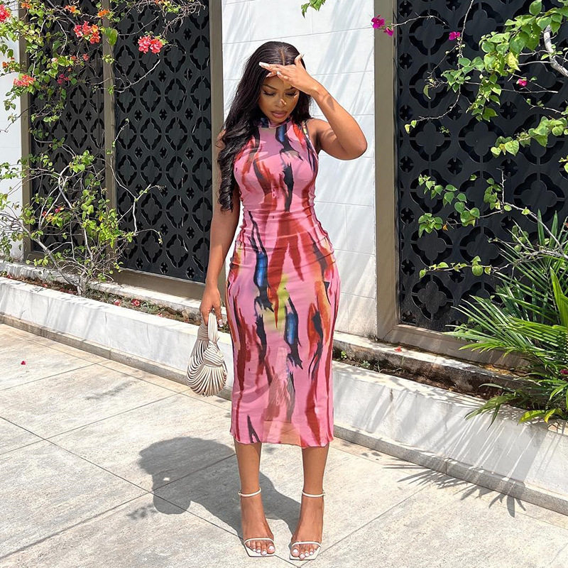 Sleeveless High Neck Bodycon Dress Fashionable Floral Print Mid Length Slim Fit Summer Casual Wear Wholesale