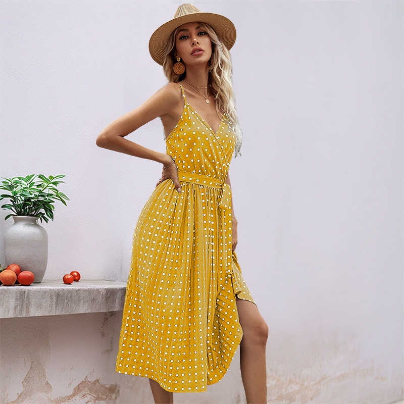 Polka Dot Midi Dress Sleeveless Tie Waist Pleated Design Casual Summer Wear Wholesale Available