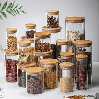 High Borosilicate Multi-size Transparent Glass Sealed Jar Kitchen Grain Storage Bottle Bamboo and Wooden Lid Glass Storage Jar