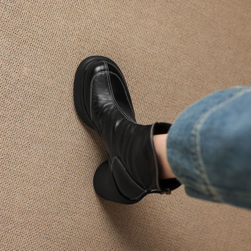 Boot nữ cổ ngắn da cừu gót thô khóa kéo sau — Lớp lót đơn màu đen, Lớp lót đơn màu nâu, Lót nhung đen, Lót nhung màu nâu