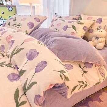 Winter milk velvet four-piece coral velvet double-sided flange fleece-lined quilt cover bed sheet bed three-piece wholesale