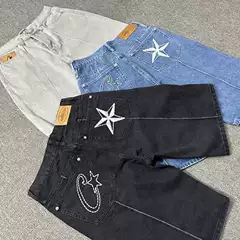 Corteiz Alcatraz Jeans Star Embroidered Jacket High Street Vintage Distressed Shorts Streetwear