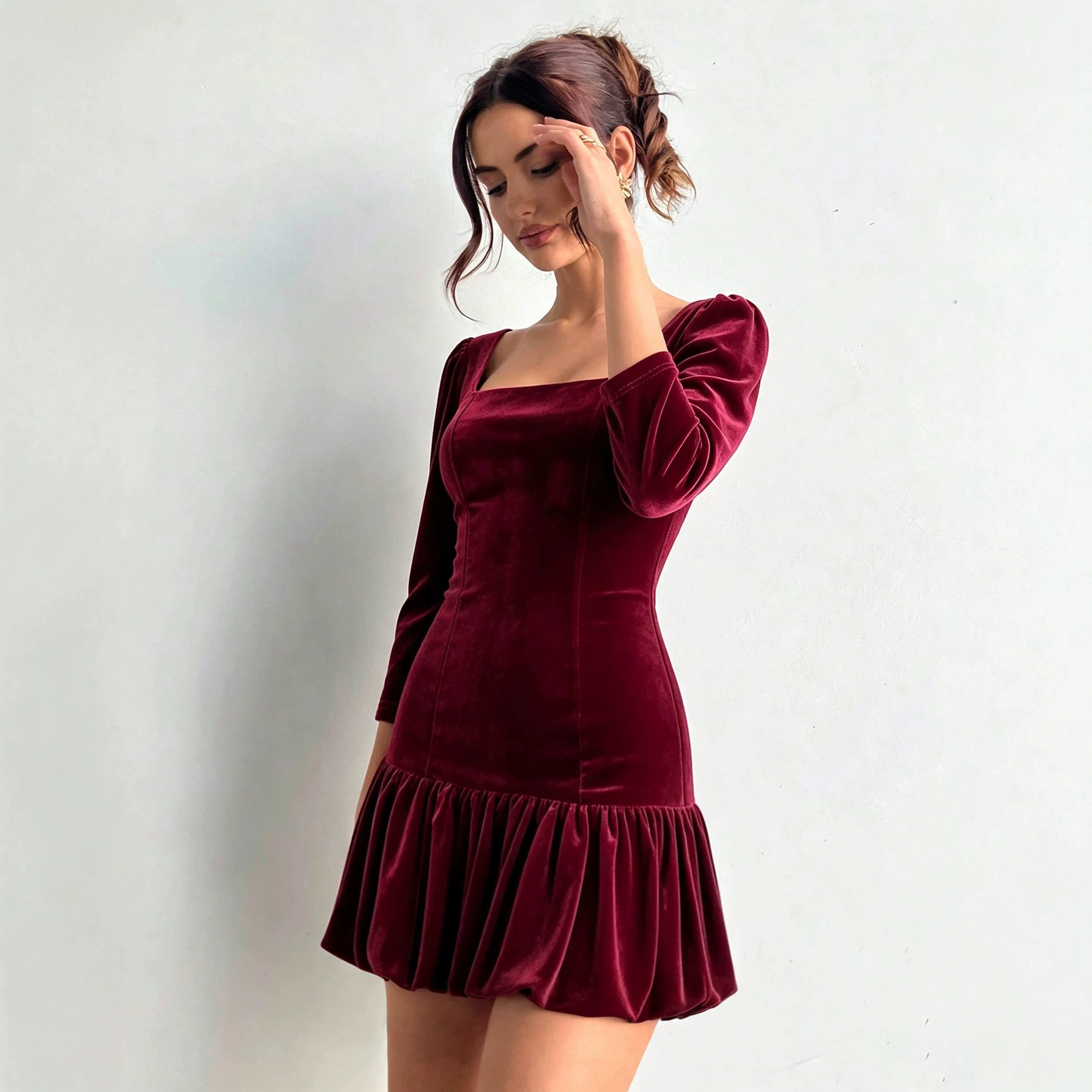 Vintage Wine Red Velvet Dress for Women Flattering A Line Silhouette Ruffled Hem Waist Defining Autumn Winter