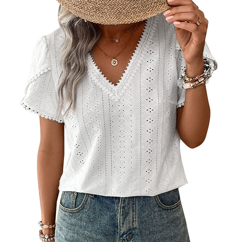 Casual Lace Trim V Neck Blouse Elegant Hollow Out Design Stylish Everyday Wear Wholesale Available