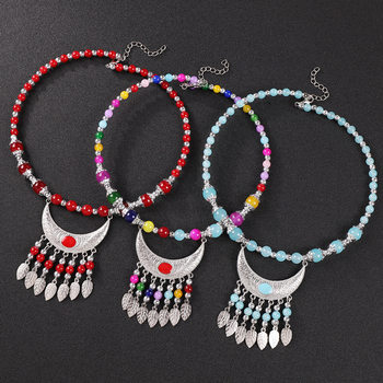 Ethnic Style Coloured Glaze Beaded Tassel Collar Women's Necklace Retro Foreign Style Miao Eyebrow Pendant Xizang-style Headwear