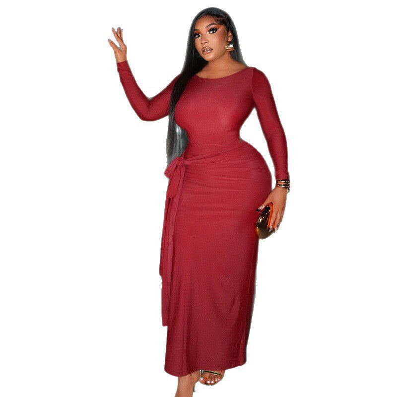 Bodycon Dress Slim Fit Waist Tie Round Neck Long Sleeve Solid Color Cocktail Party or Evening Wear Wholesale