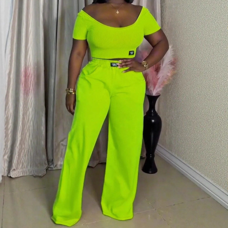 Summer Womens Casual Set Solid Color Round Neck Short Sleeve Top with Long Pants Perfect for Everyday Wear
