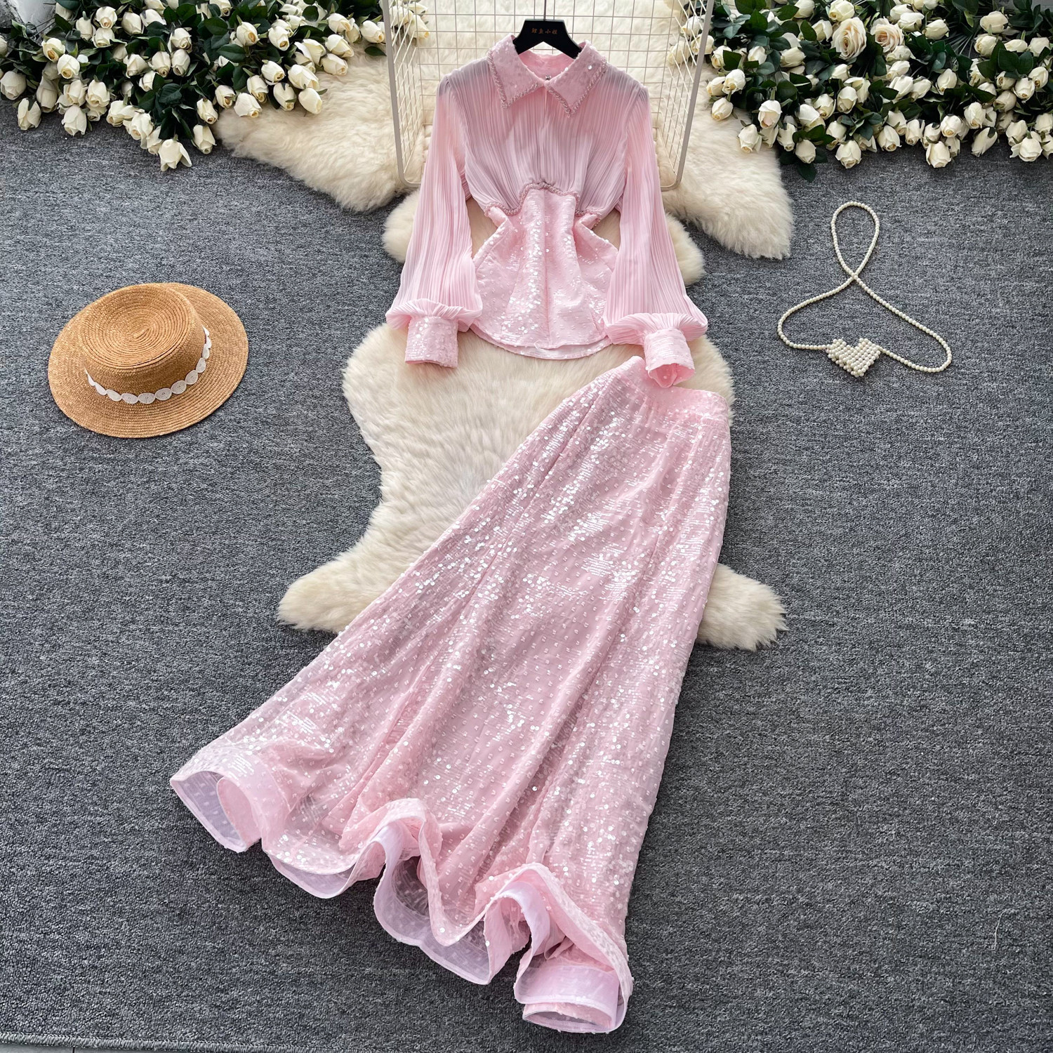 French Style Sequined Mesh Pleated Two Piece Set Waist Cinching Elegant Design Ideal for Spring and Autumn Wholesale