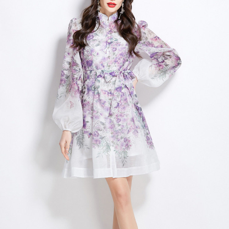 Elegant Spring Dress Stand Collar Single Breasted Lantern Sleeves Floral Print Waist Tie Perfect for Parties and