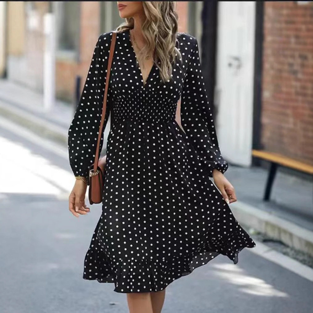 Polka Dot V Neck Dress Waist Defining Elegant Spring Summer Fall Style Wholesale Available customizable