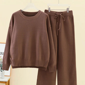 Autumn and Winter New 2025 Fashion Casual Knit Lazy Suit Women's Loose Sweater Wide-Leg Pants Two-Piece Set