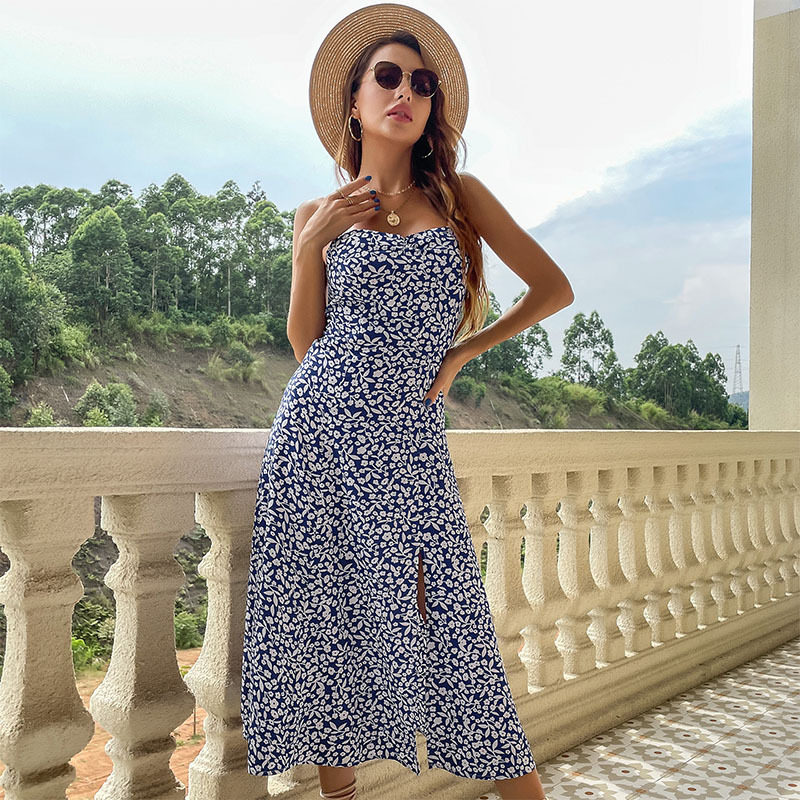 Elegant Floral Print Slip Dress Slim Fit Spaghetti Straps Side Slit Summer Occasion Wholesale Available
