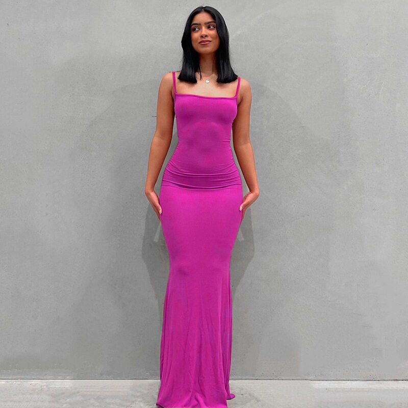 Womens Solid Color Bodycon Maxi Dress Spaghetti Straps Mermaid Hem Peach Butt Lift Elegant Evening Wear Wholesale
