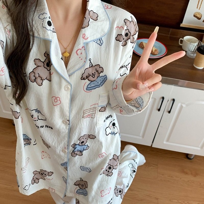 带胸垫大码睡衣女春秋季长袖甜美少女草莓条纹家居服套装现货跨境