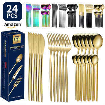 Cross-border Amazon Portugal Stainless Steel Western Tableware Titanium-plated Golden Gift Box Steak Knife, Fork and Spoon 24-piece Set