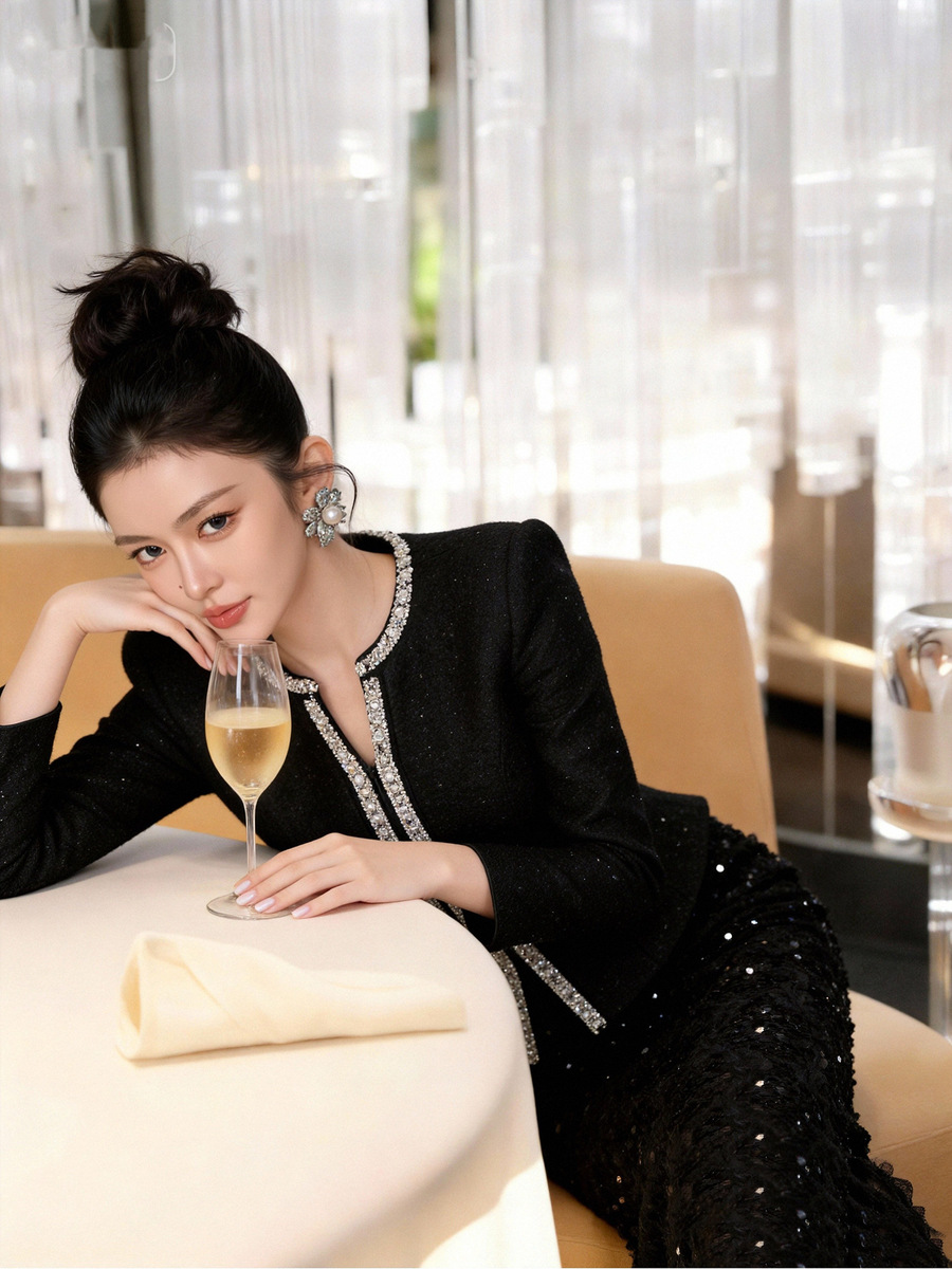 Đầm dạ hội ôm body đính đá phối sequin cổ chữ V dài tay — màu đen