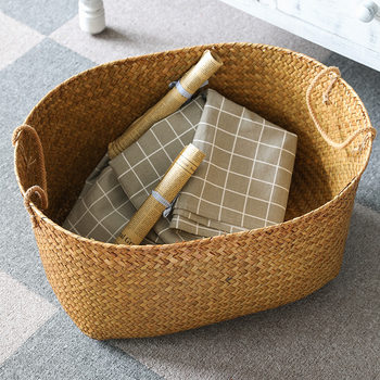 Seagrass Oversized Storage Basket Japanese Style Dirty Clothes Basket Toy Basket Retro Style Handlebasket