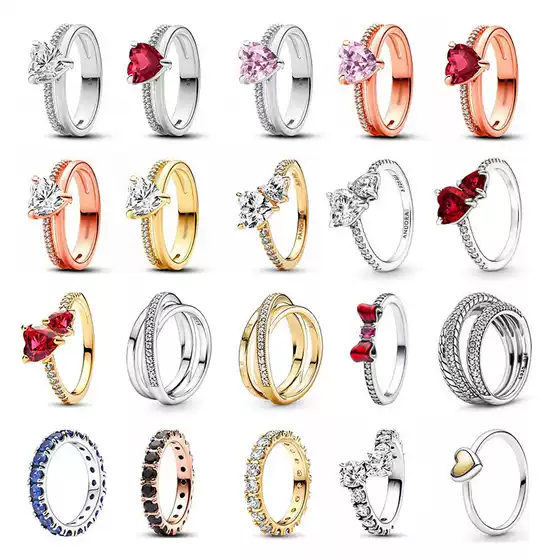 Pandora White Copper-Plated 925 Silver Diamond Gem Heart Butterfly Simple Pair of Rings Fashion Ring Series