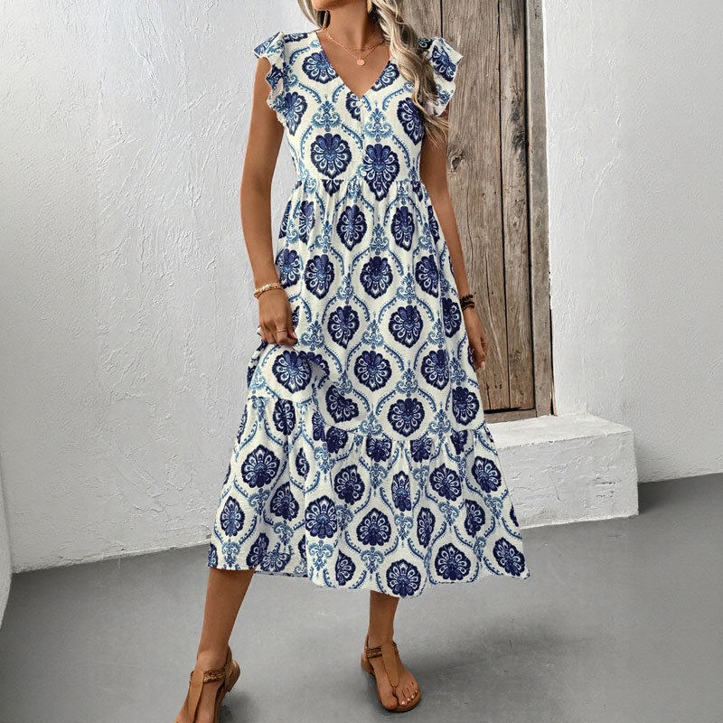 Vintage Inspired Geometric Print Sleeveless Ruffle Dress Unique Design Trendy Style Perfect for Summer Events
