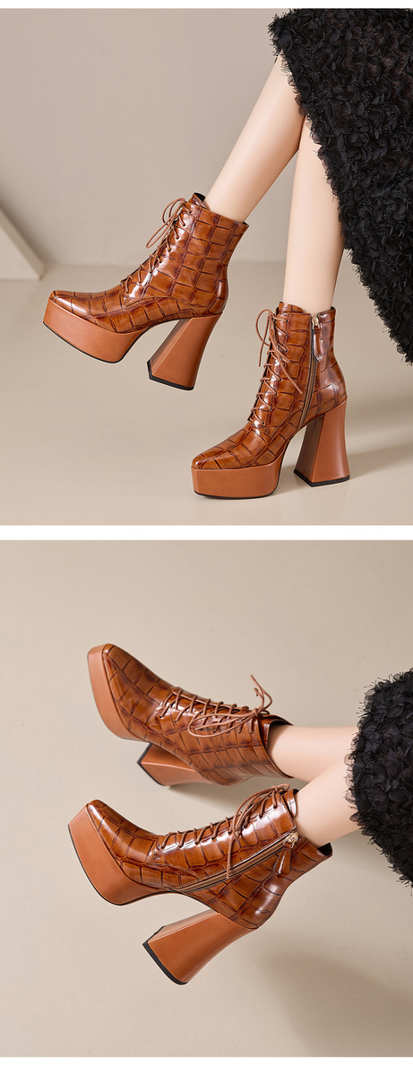 Boot Martin nữ da bò vân đá buộc dây gót cao 12cm mũi nhọn — Lớp lót đơn màu đen, Lớp lót đơn màu nâu, Lớp lót nhung đen, Nhung nâu