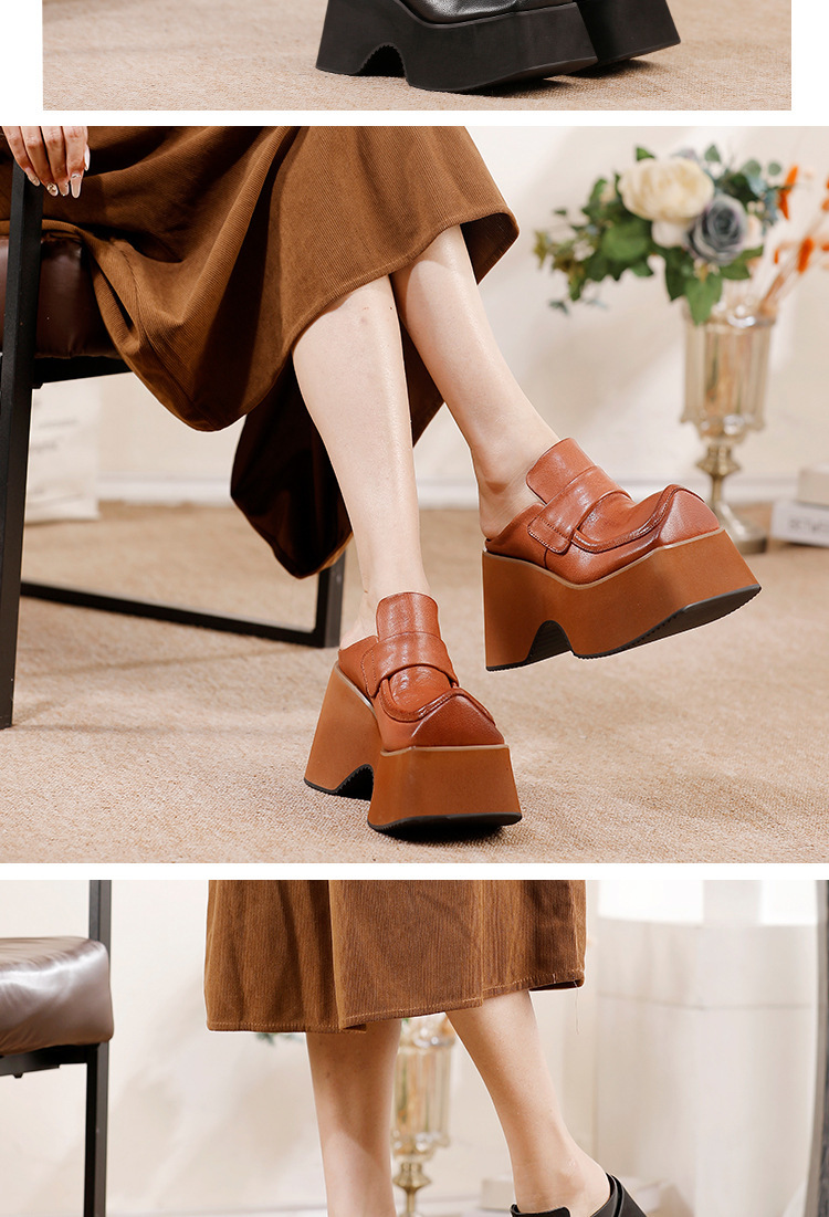 Giày sục nữ da bò thật đế dày gót cao phong cách cổ điển — màu đen, Màu nâu
