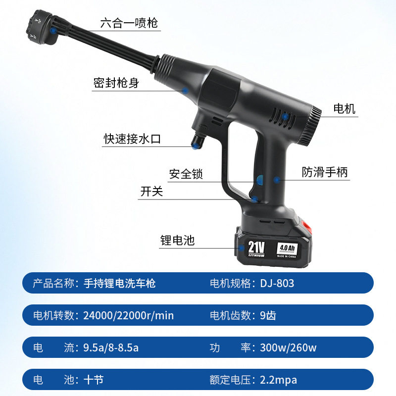 Wireless Lithium Battery High-Pressure Car Washer for Home Use, Car Washing and Watering Tool, Portable Cleaning Machine, High-Power Water Gun, Cross-Border