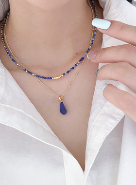 欧美复古简约叠戴时尚气质百搭多切面青金石吊坠项链轻奢锁骨链