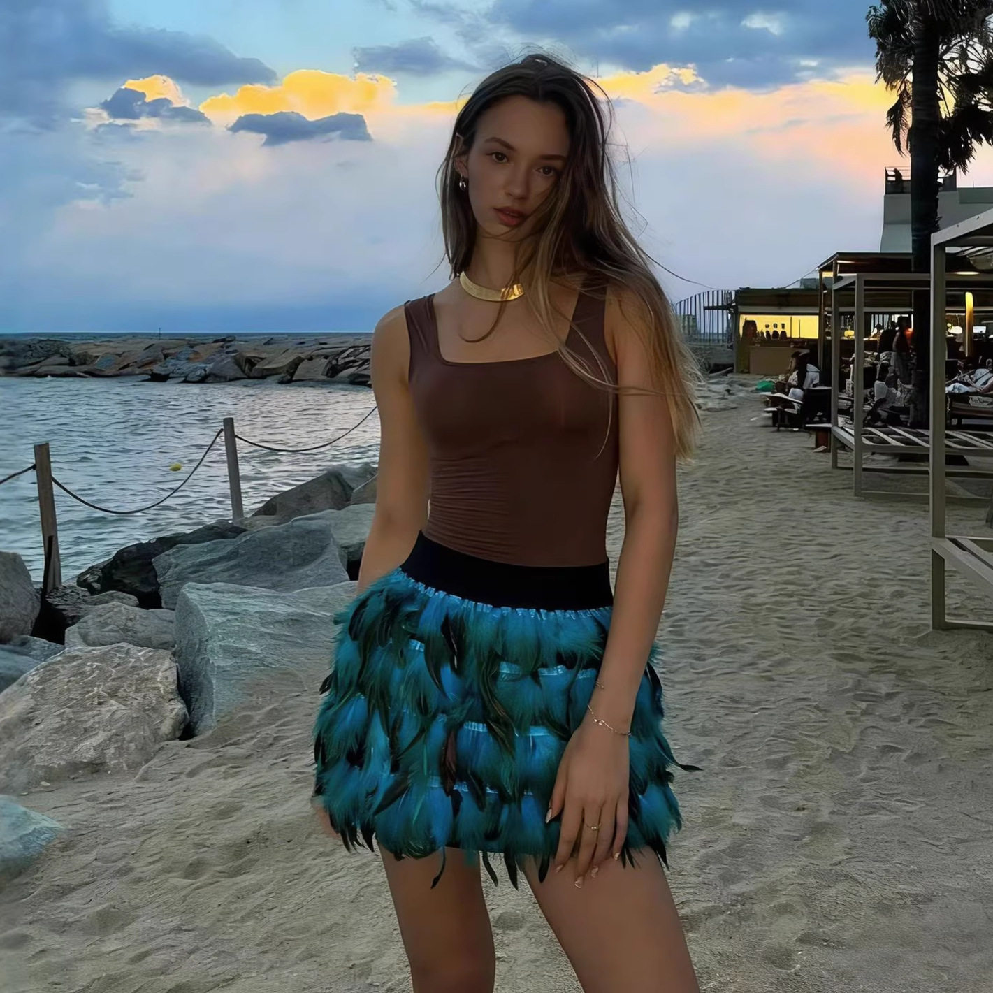 Color Block Feathered Midi Skirt Elastic Waist A Line Irregular Hem Summer Fashion for Women Wholesale Available