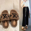 Influencer Picks Furry Slippers for Women 2025 New Autumn and Winter Towel Embroidered Letters Warm Flats Furry Shoes for Outer Wear