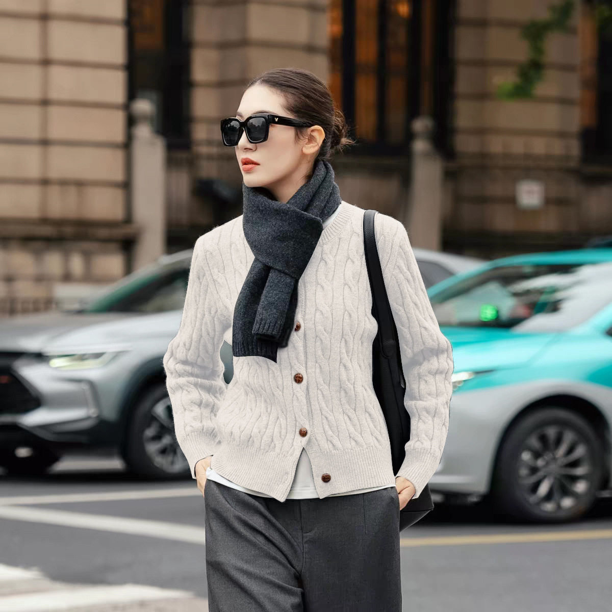 意大利100%美丽诺羊毛开衫宽松慵懒风绞花开衫加厚毛衣羊绒开衫女