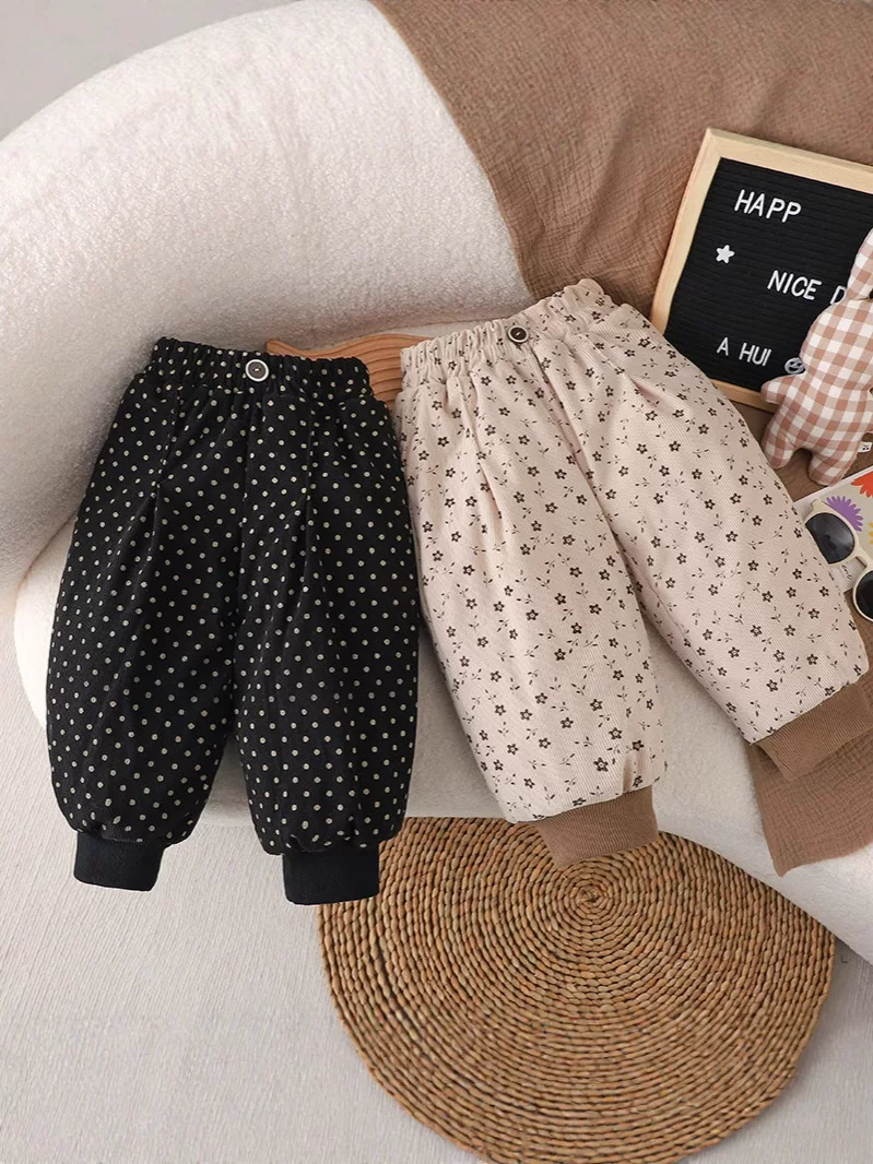 Girls' New Autumn & Winter Pants, Polka Dot Korean Style Floral Three-Layer Padded Trousers, Versatile Baby Cuffed Casual Long Pants