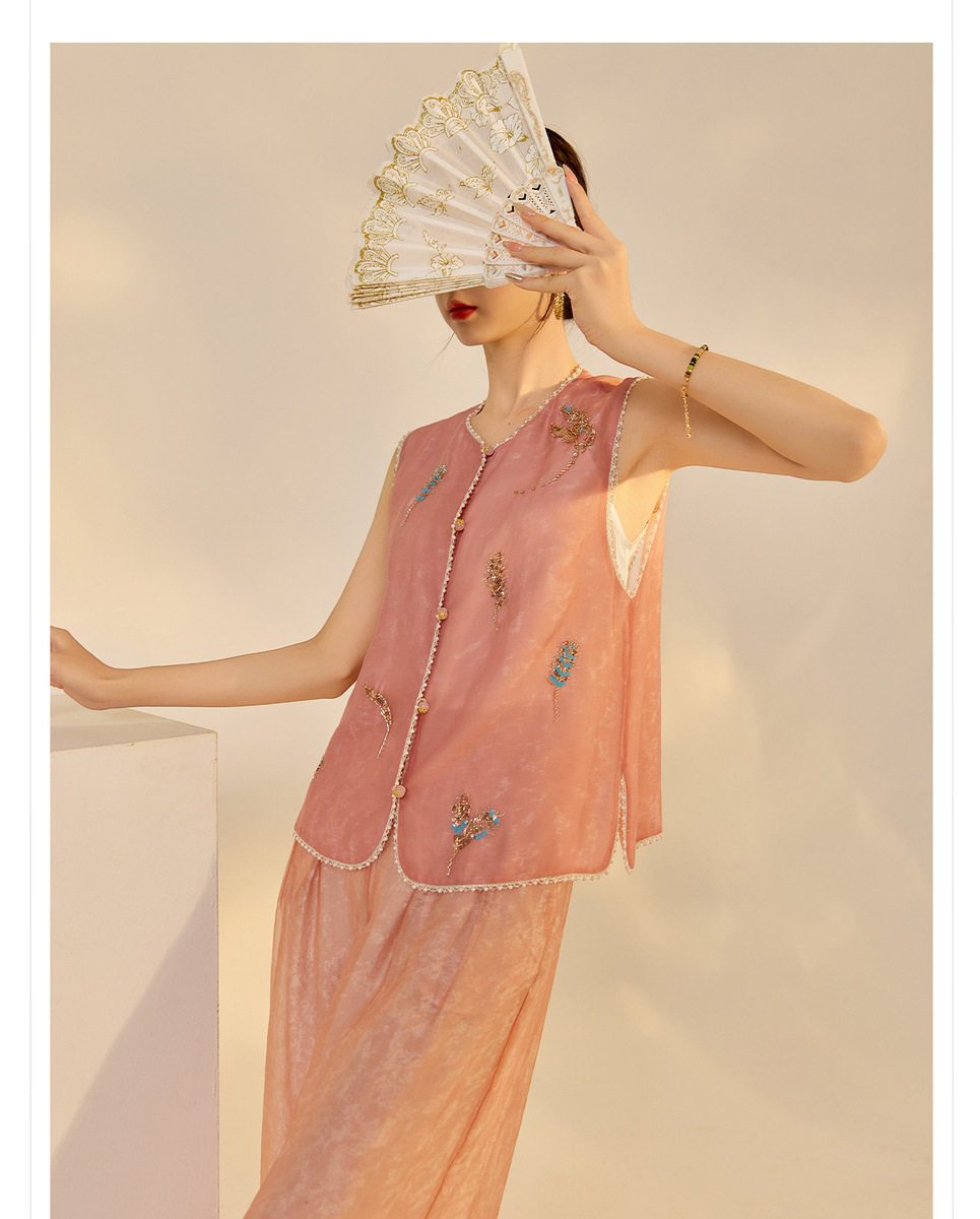 Set gile thêu đính cườm kèm quần dài nữ phong cách thanh lịch — Quần dài màu mơ, Quần dài màu xanh lục, Gi lê màu hồng, Gi lê màu xanh lục