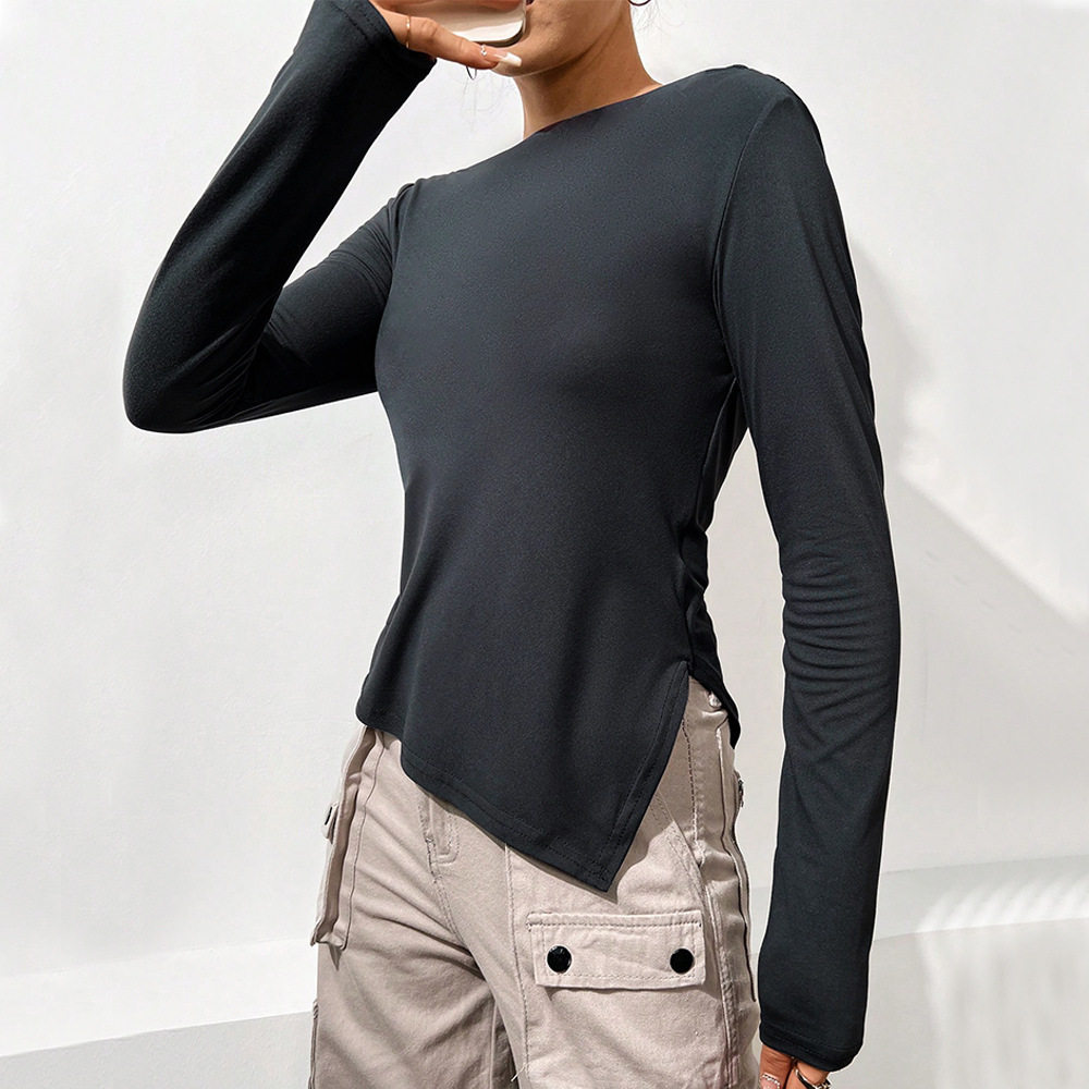 Womens Long Sleeve Solid Color Top Slim Fit Irregular Split Design Spring Summer Casual Wear Wholesale Available