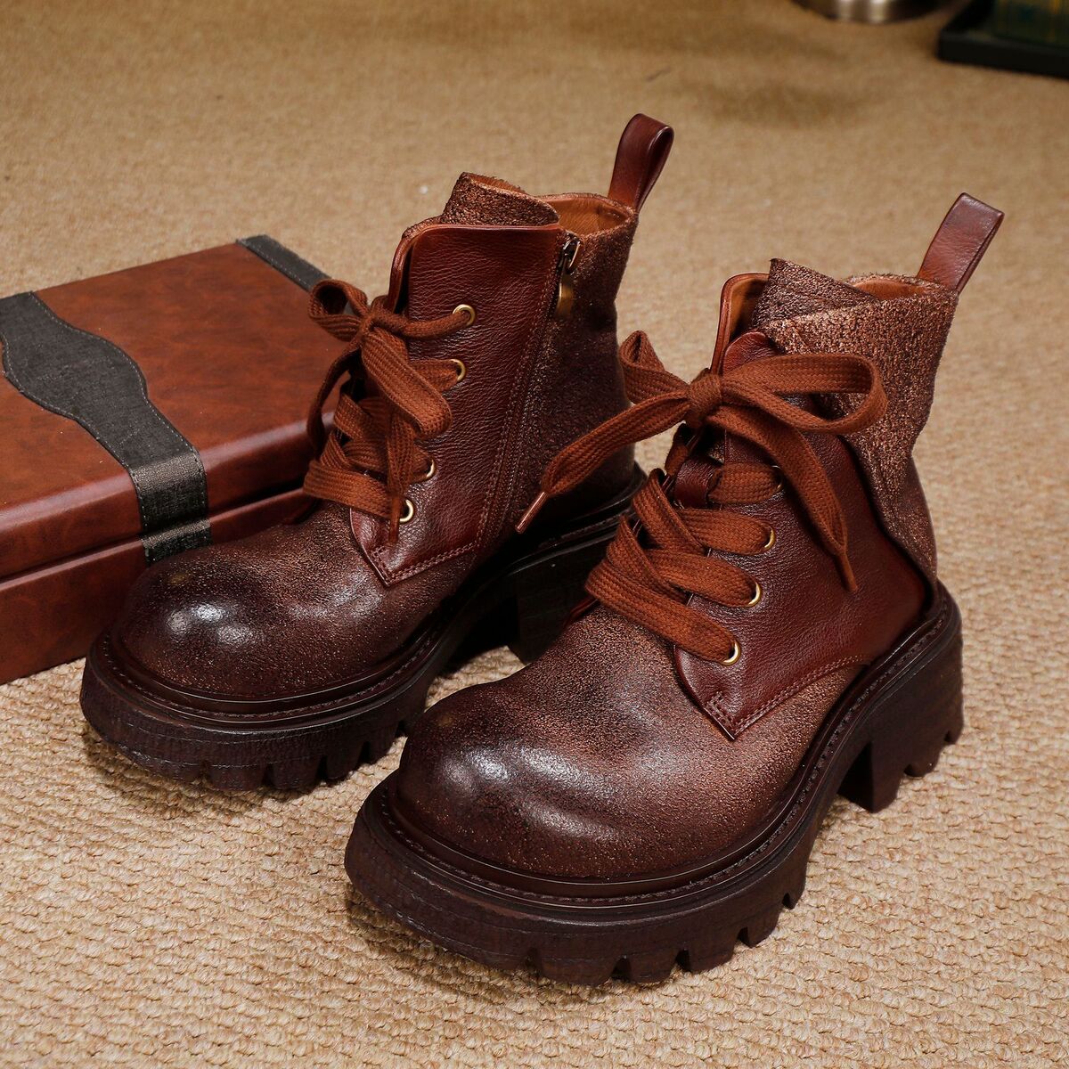 Boot Martin nữ cổ ngắn da bò thật, gót cao 6-8cm, khóa kéo bên hông — màu cà phê